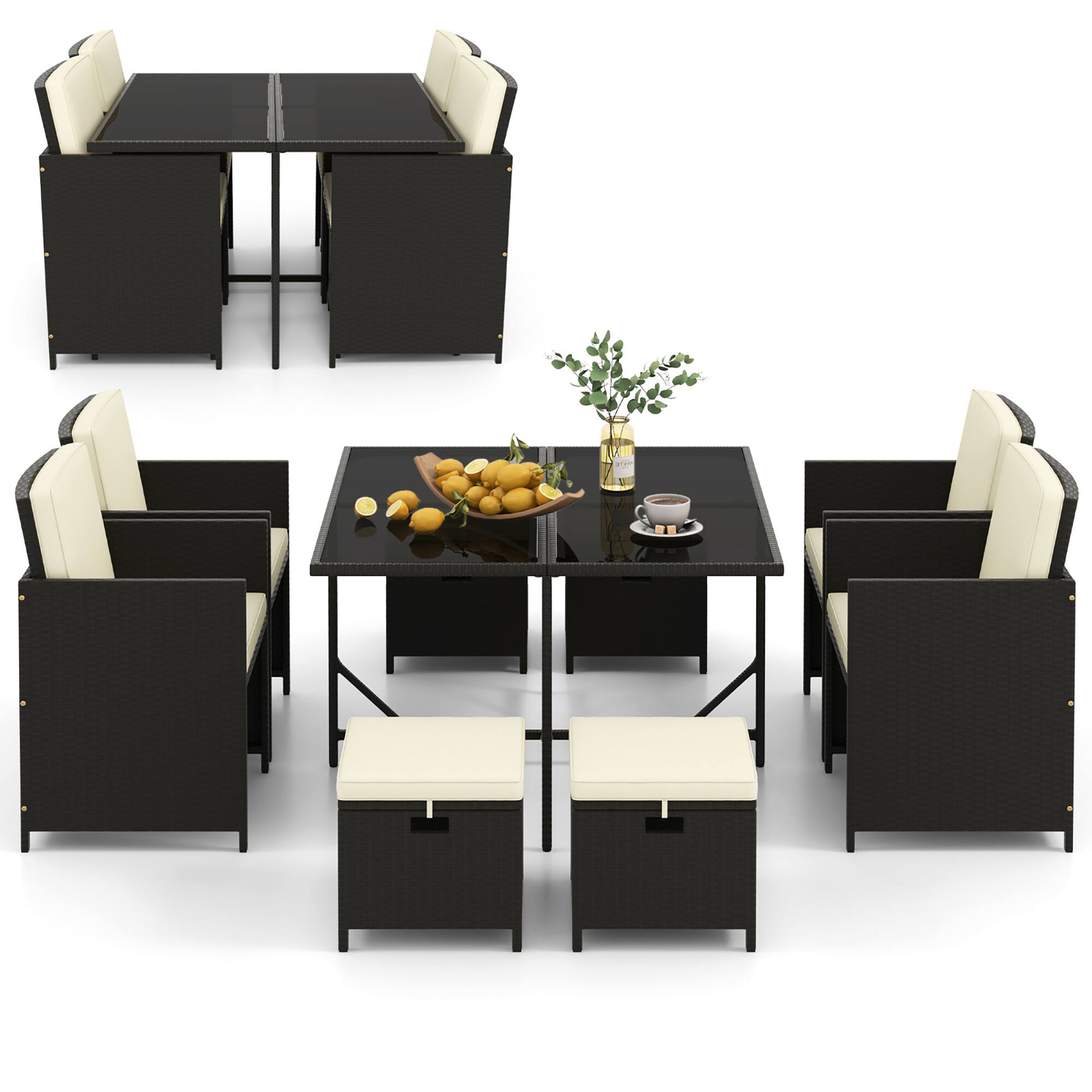 Gymax - 9PCS Outdoor Dining Furniture Set Conversation Set w/ Cushioned Seat Patio - Black, White