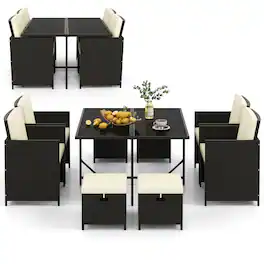 Gymax - 9PCS Outdoor Dining Furniture Set Conversation Set w/ Cushioned Seat Patio - Black, White