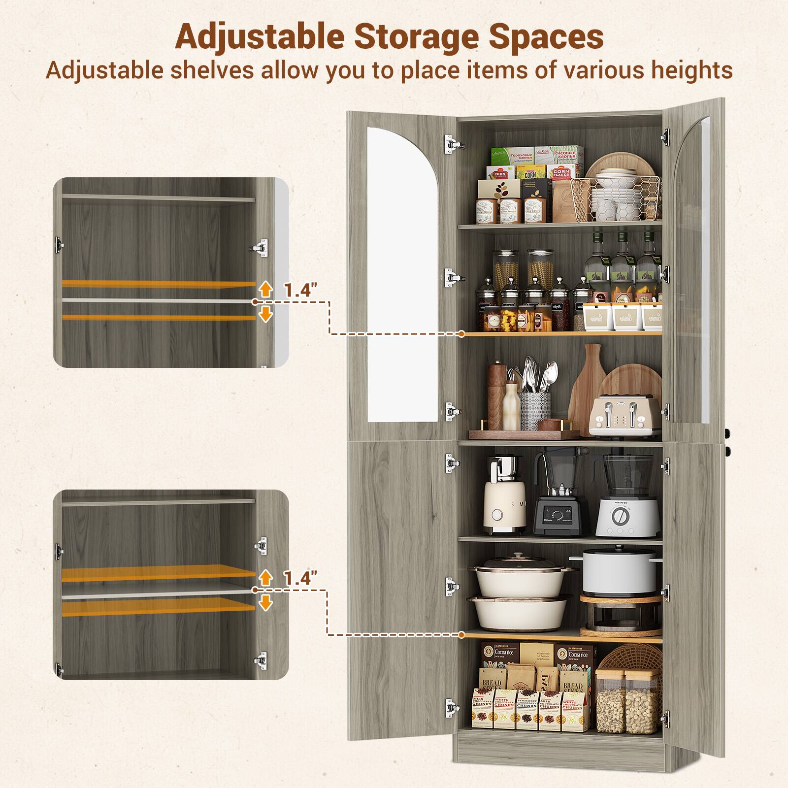 Adjustable Storage Spaces  
Adjustable shelves allow you to place items of various heights  

1.4"