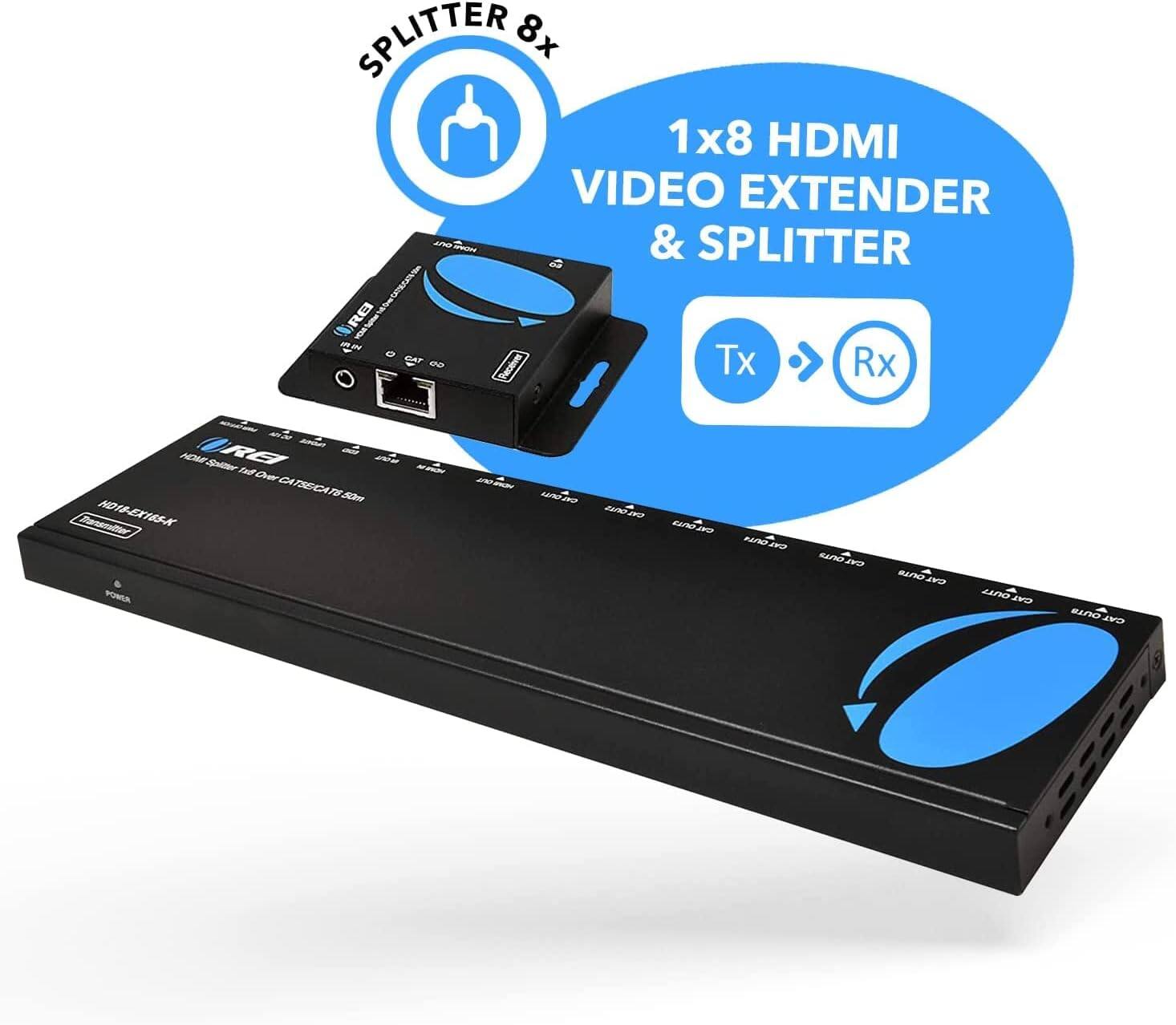 The corrected text is:

"SPLITTER 8x 1x8 HDMI VIDEO EXTENDER & SPLITTER RB I CAT 0 eceve Tx Rx - NOM RG ngt tal Der CA TSCCA F 50m NO 9EX1ESK n Mn000 Nedars cnd-a HndA RIIOIVO CKLONAS evtonu CATOUTS"

This appears to be a description of an HDMI video extender and splitter device.