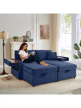 Trinkets Crazed - 68" Oversized Double Chaise Lounge With Hidden Storage Ottomans, Comfy Corduroy Upholstered Indoor Lounge Chair - Blue