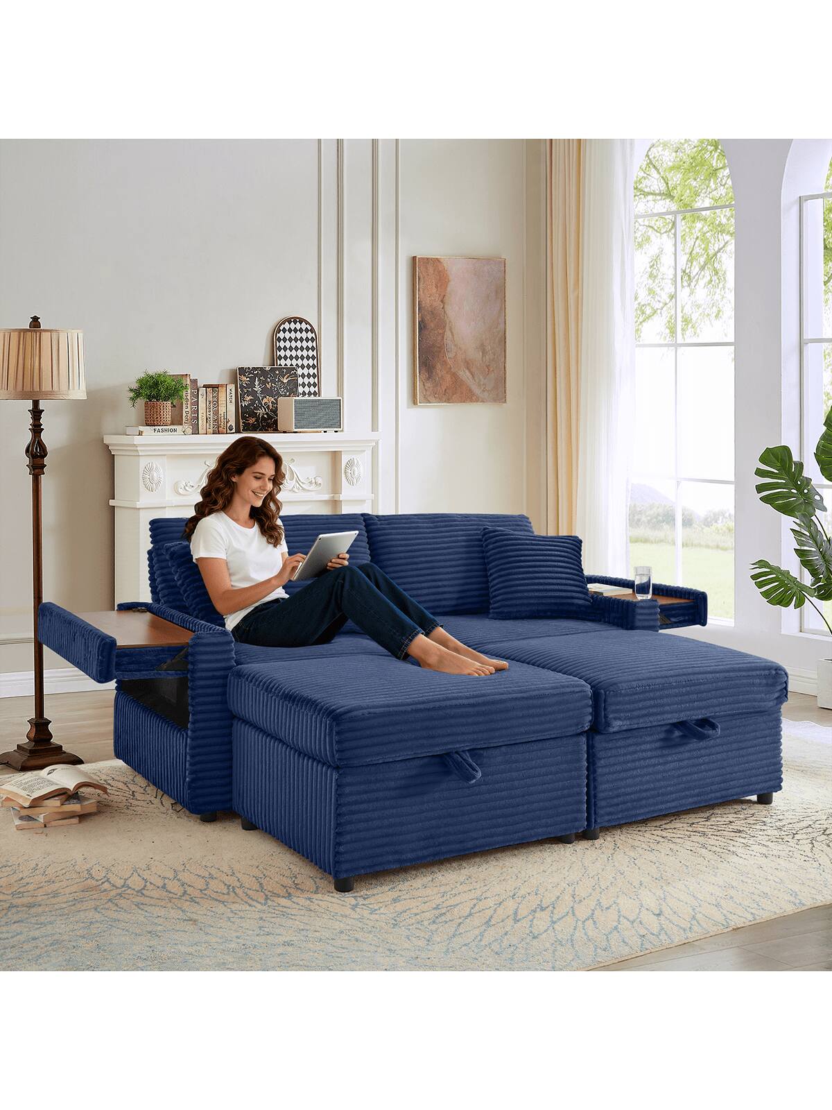 Front. Trinkets Crazed - 68" Oversized Double Chaise Lounge With Hidden Storage Ottomans, Comfy Corduroy Upholstered Indoor Lounge Chair - Blue.