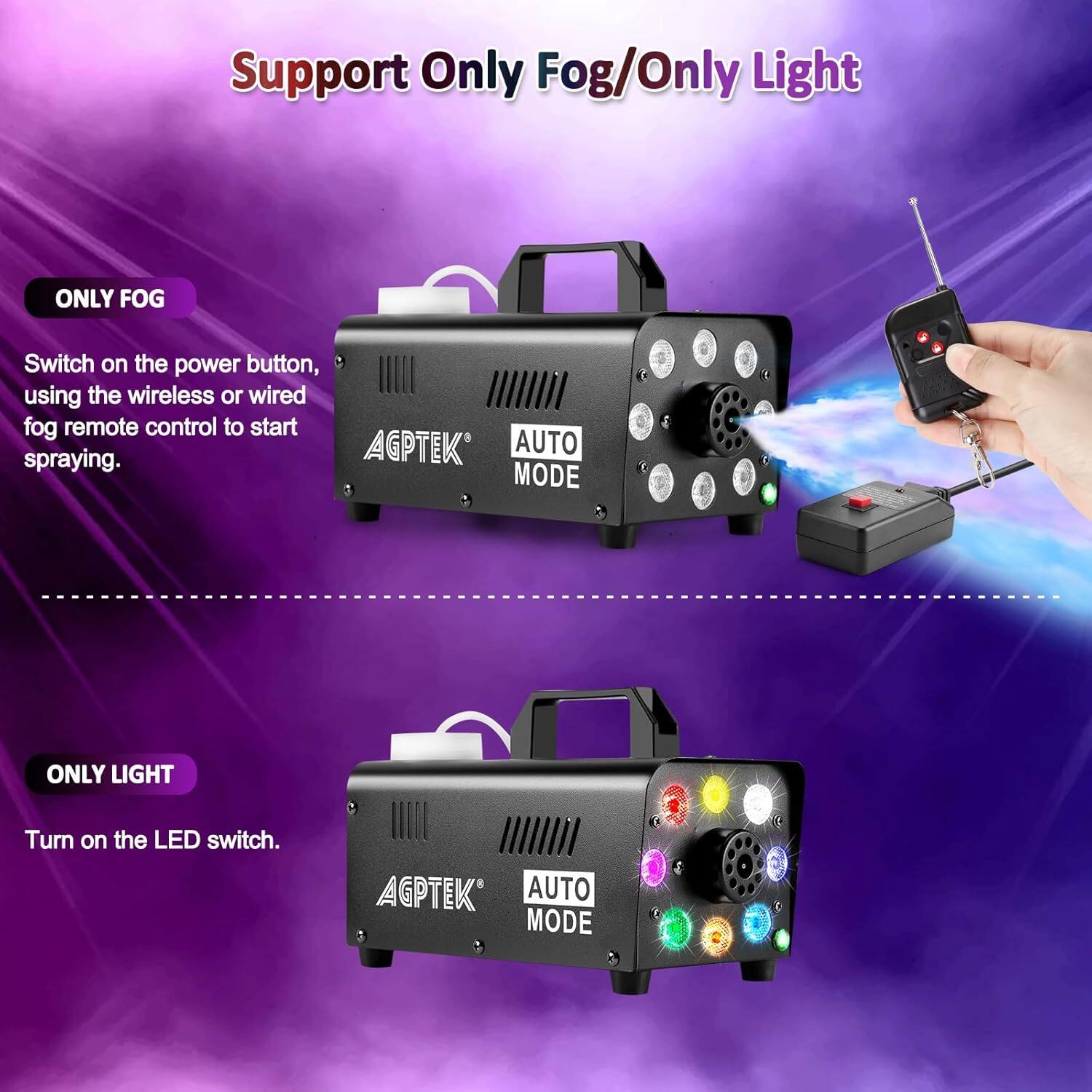 Support Only Fog/Only Light

ONLY FOG  
Switch on the power button, using the wireless or wired fog remote control to start spraying.

ONLY LIGHT  
Turn on the LED switch.