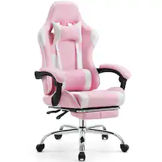 Front. Bestier - Gaming Chair - PU Leather Fixed up Armrest Lumbar Support Ergonomic Reclining PC Chair With Rocking Mode & Footrest - Pink.