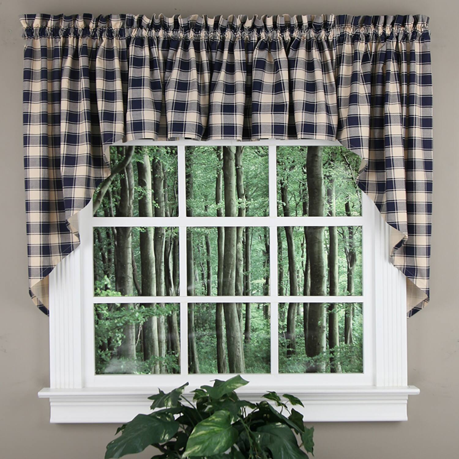 Angle. Ellis Curtain - ELLIS 50% Polyester 50% Cotton Country Check With 1.5" Rod Pocket Tailored Swag  56" x 36" Navy - Navy.