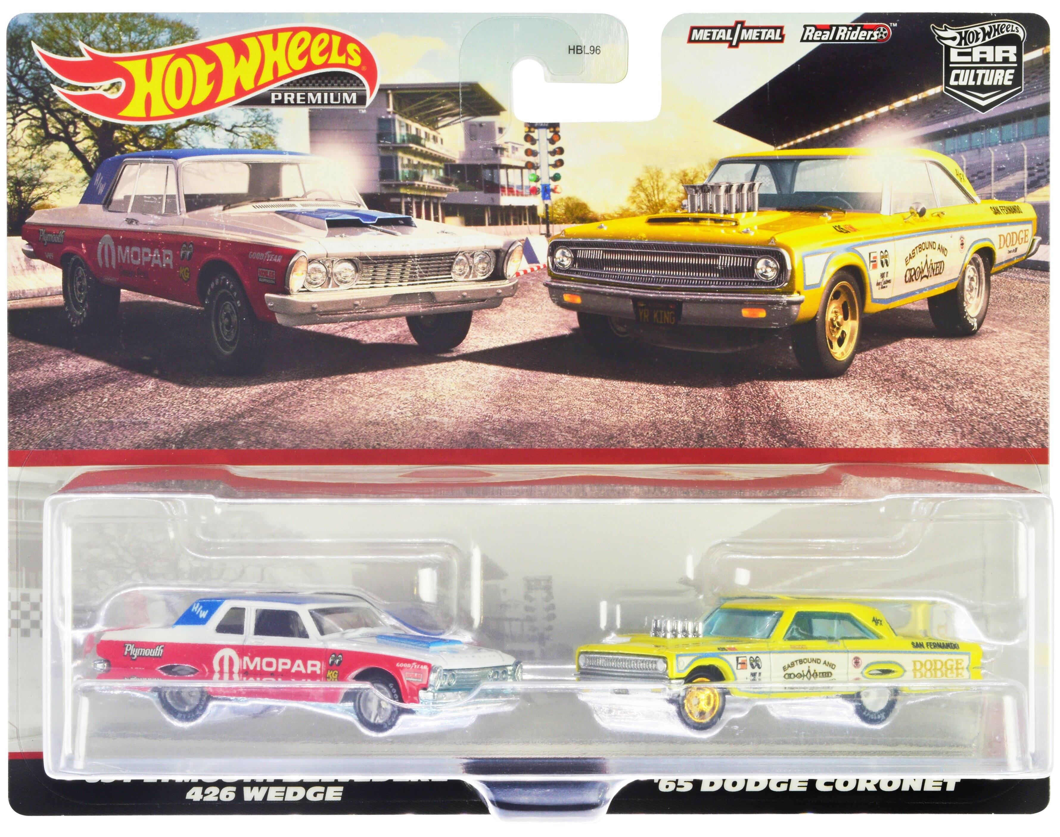 Hot Wheels - 1963 Plymouth Belvedere 426 Wedge MOPAR White Red Blue Top & 1965 Dodge Coronet Eastbound Crowned Car Culture 2 Cars - White And Red With Blue, Yellow