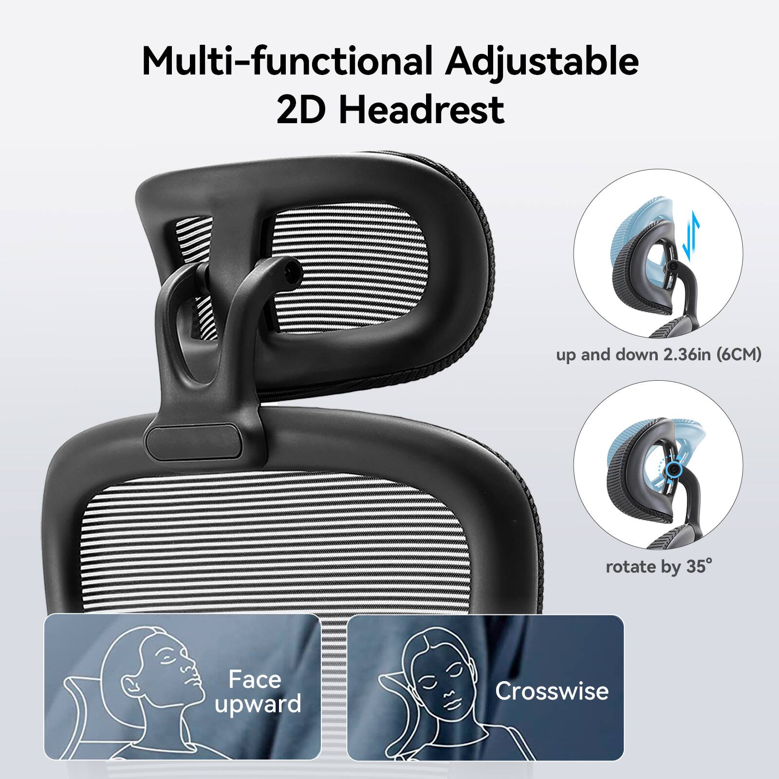 Multi-functional Adjustable 2D Headrest, up and down 2.36in (6CM), rotate by 35, Face upward, Crosswise