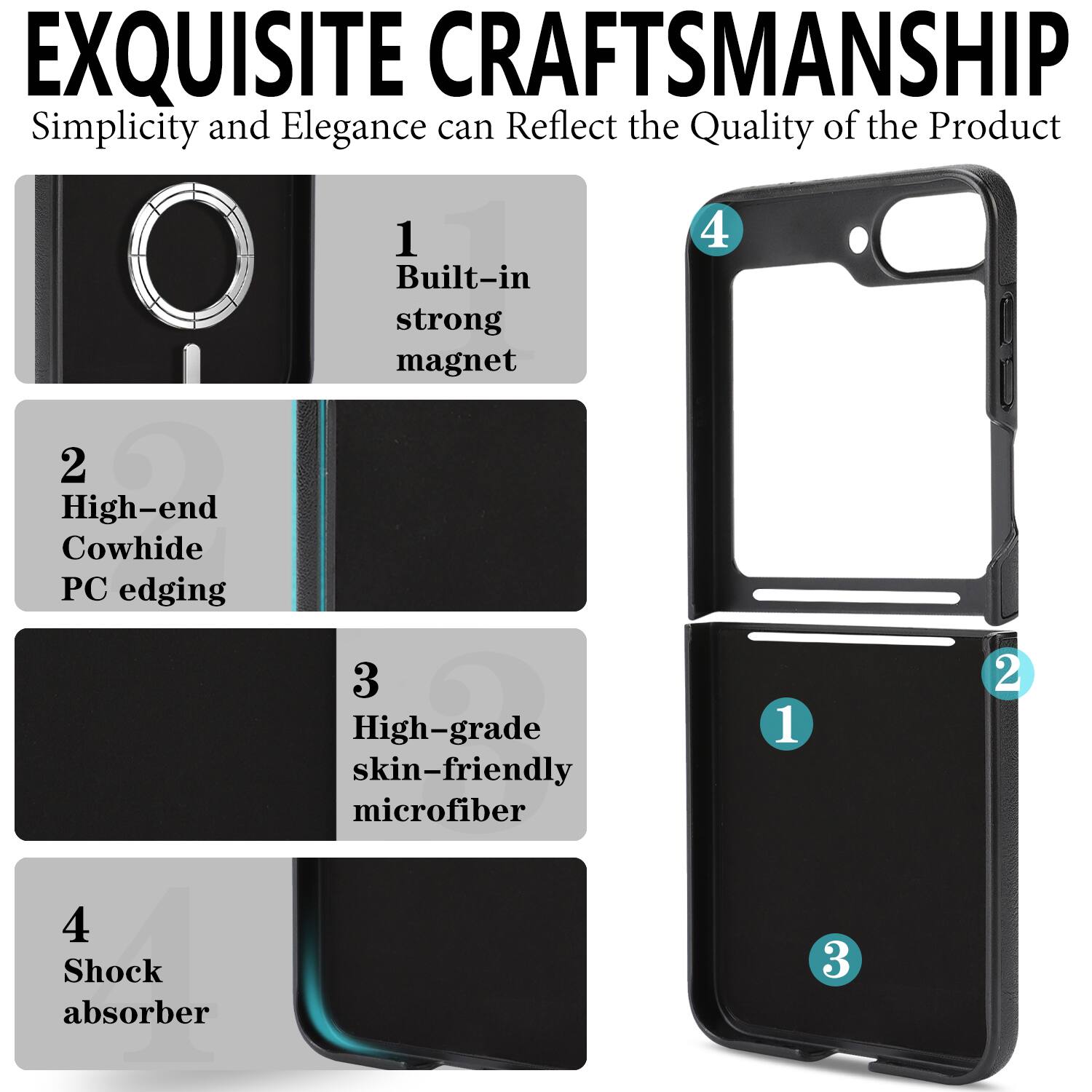 EXQUISITE CRAFTSMANSHIP  
Simplicity and Elegance can Reflect the Quality of the Product

1. Built-in strong magnet  
2. High-end Cowhide PC edging  
3. High-grade skin-friendly microfiber  
4. Shock absorber