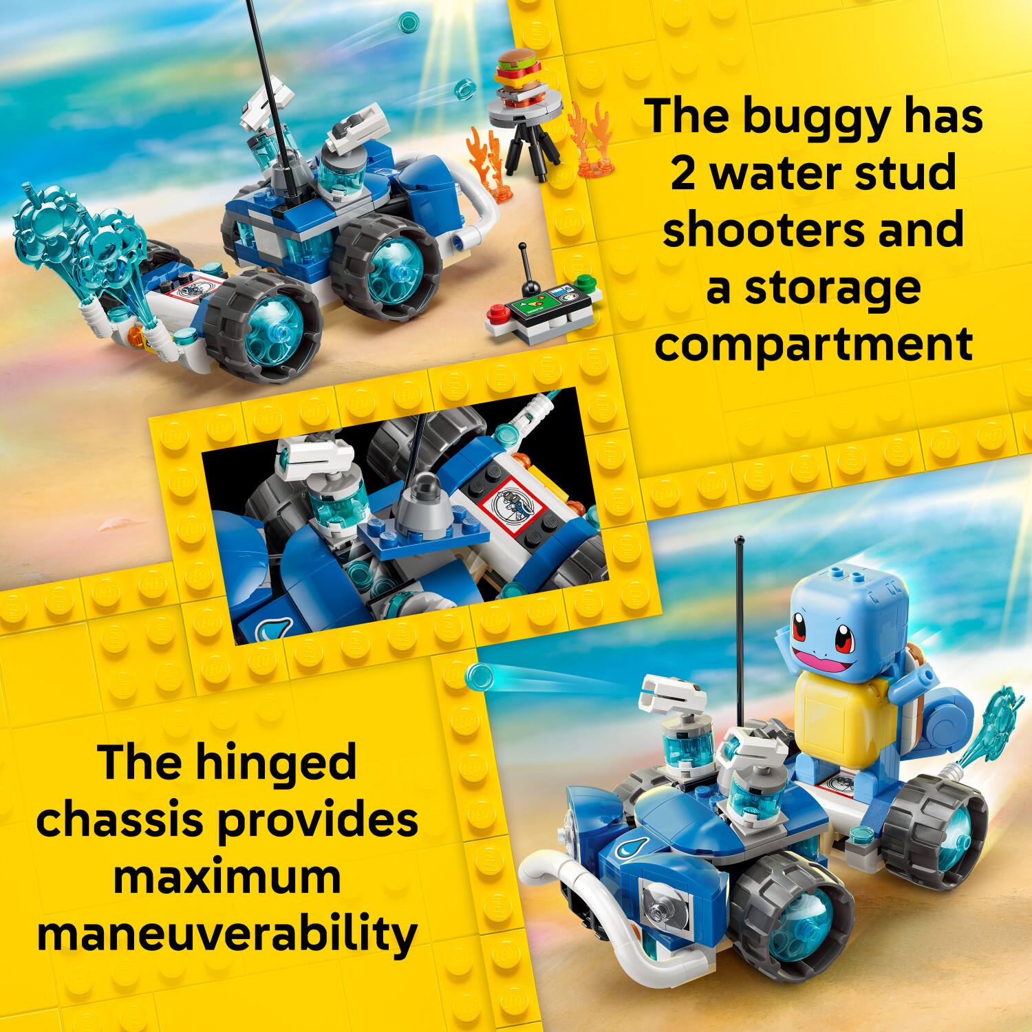The buggy has 2 water stud shooters and a storage compartment. The hinged chassis provides maximum maneuverability.