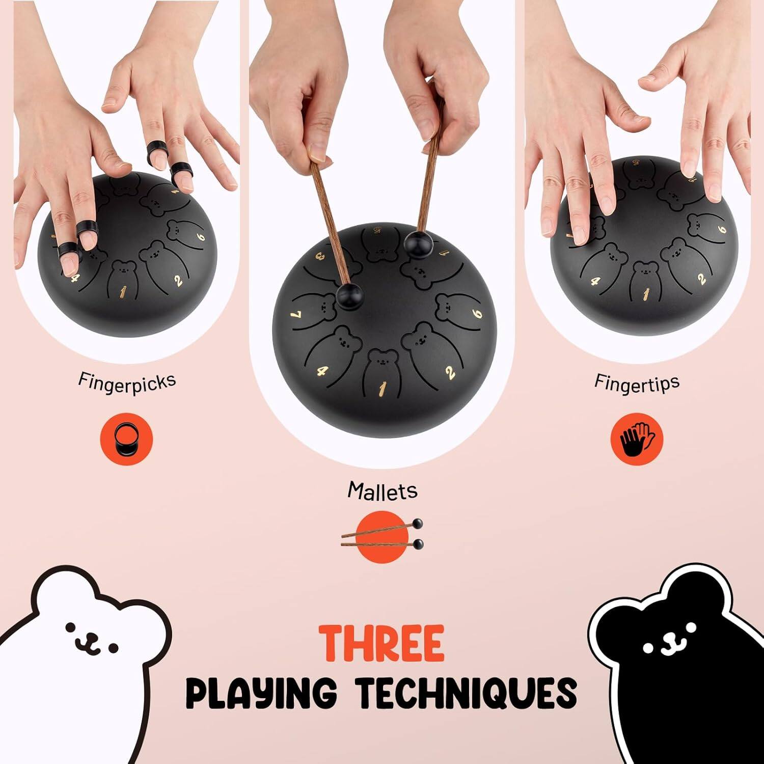 T. 12 2 3 T. S 2 4 2 Fingerpicks 7 4 T. 2 6 Fingertips Mallets THREE PLAYING TECHNIQUES