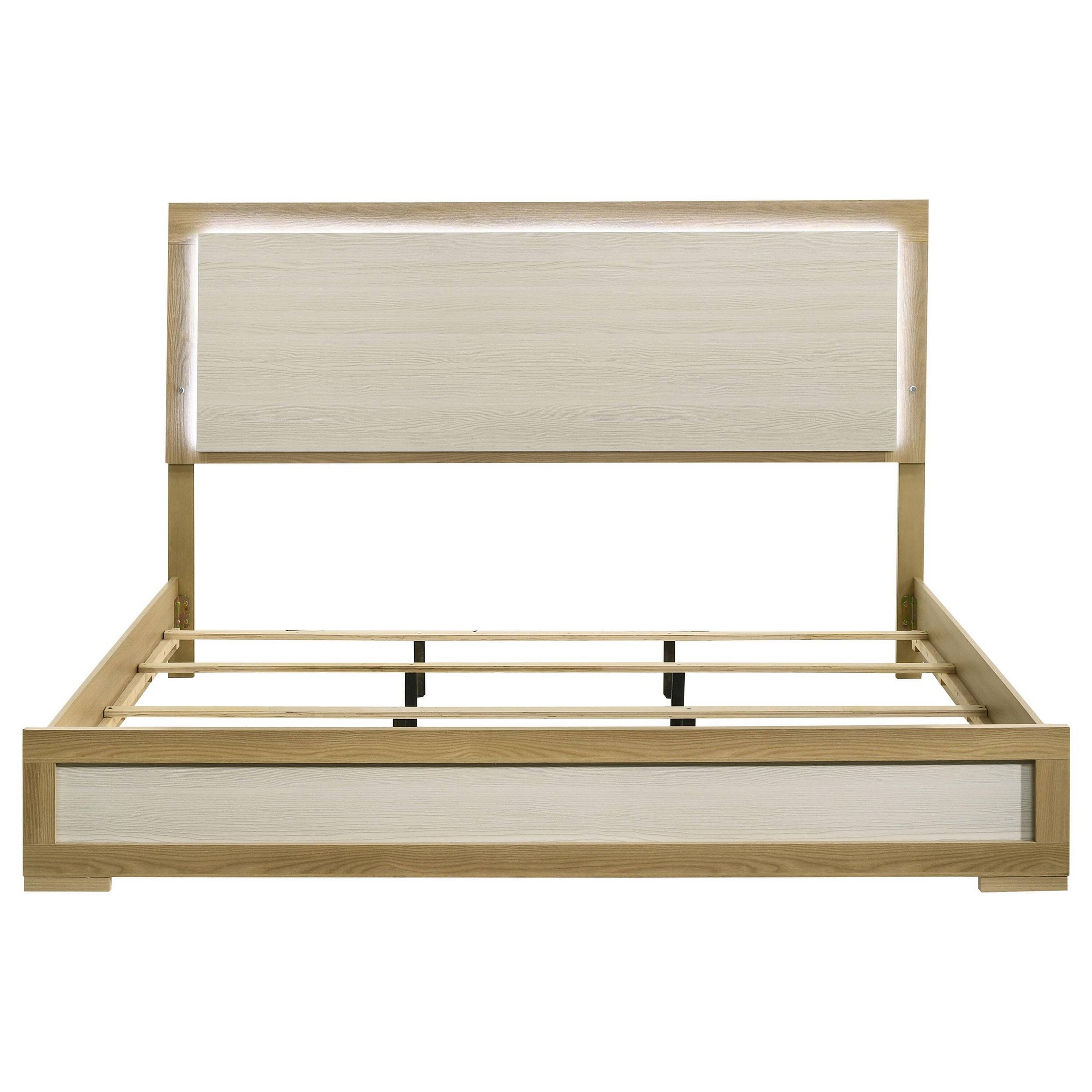 Alt View 1. Manhattan Lane - Hyle King Size Bed, Natural Brown Hardwood, LED Backlit Headboard - Natural Brown, White.