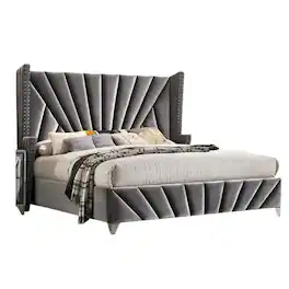 Manhattan Lane - Ino Queen Size Bed w Wingback Headboard, Gray Fabric Upholstery - Gray, Chrome