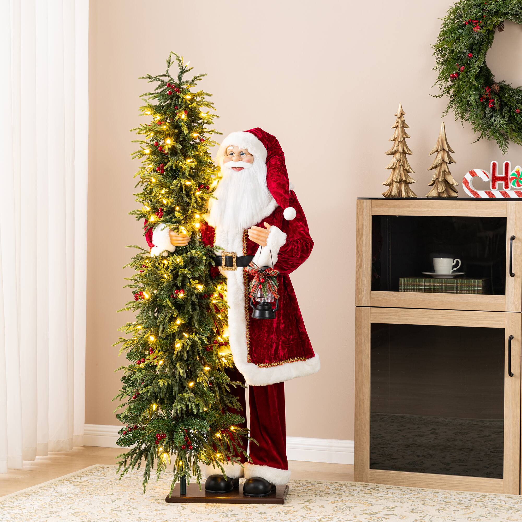 Alt View 4. Glitzhome - 4FT Oversized Traditional Santa with 5FT Lighted Greenery PE Dripping Christmas Tree - Multi-Colored.
