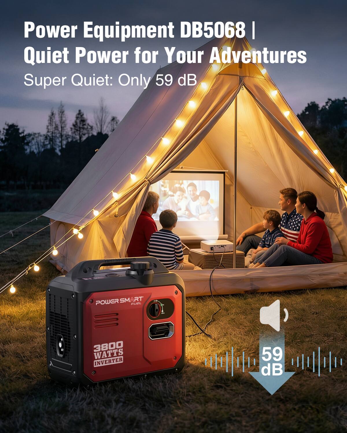 Power Equipment DB5068 | Quiet Power for Your Adventures  
Super Quiet: Only 59 dB  
Y D POWER SMART FUEL + 3800 WATTS INVERTER 59 dB