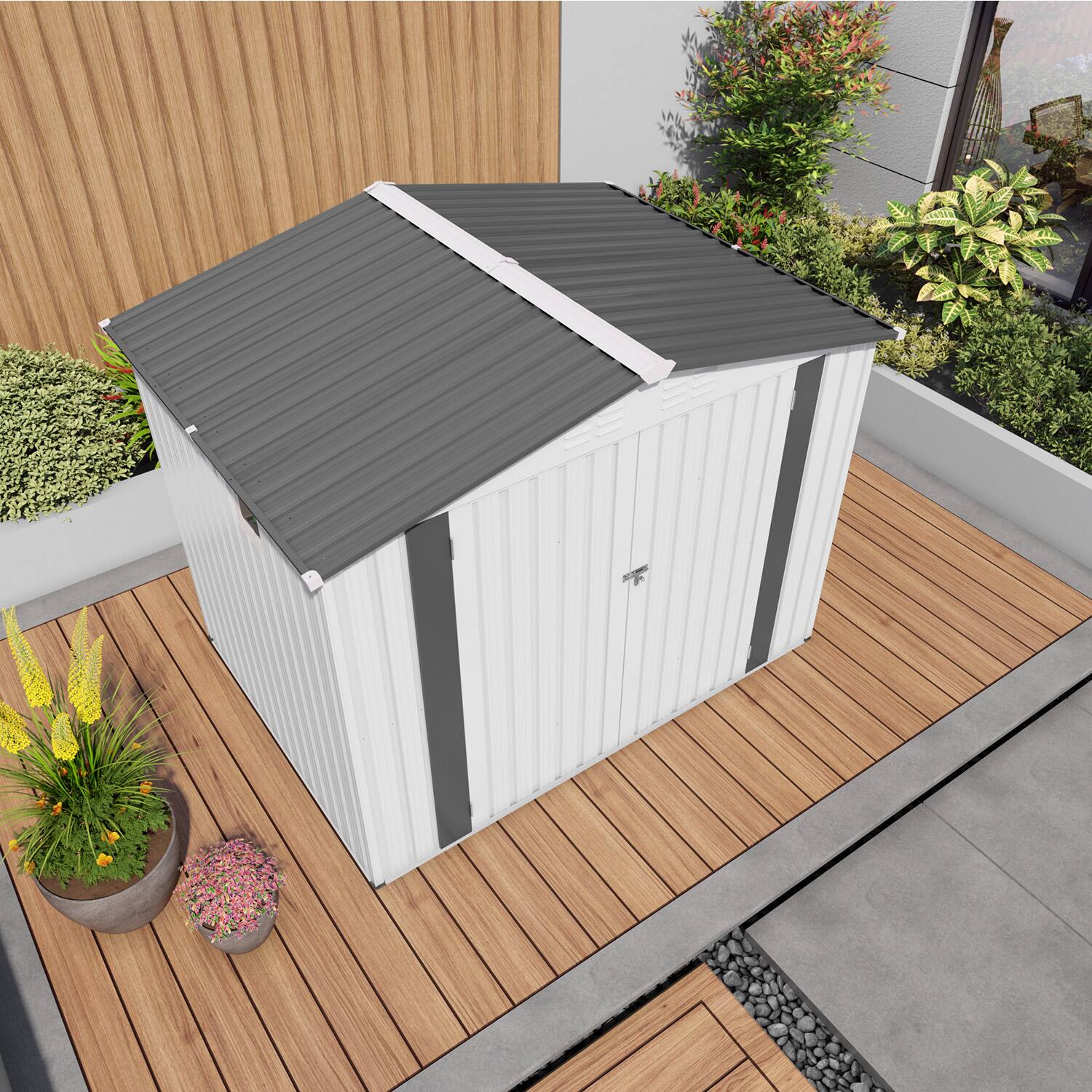 Back. Mondawe - 8X6 FT Metal Outdoor Storage Shed with Pitched Roof,Side Window and Lockable Door - White+gray.