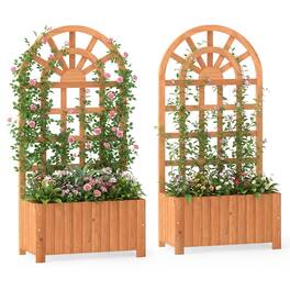Costway - 2 PCS 48" Wooden Raised Garden Bed with Trellis, Drainage Holes for Vegetables - Brown