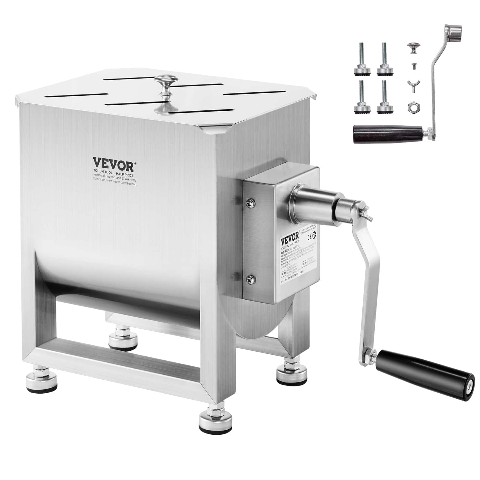 VEVOR - Manual Meat Mixer, 15L Fixed Tank Meat Processing Equipment(Mixing Max 15LBS for Meat), Stainless Steel Meat Mixer - Silver