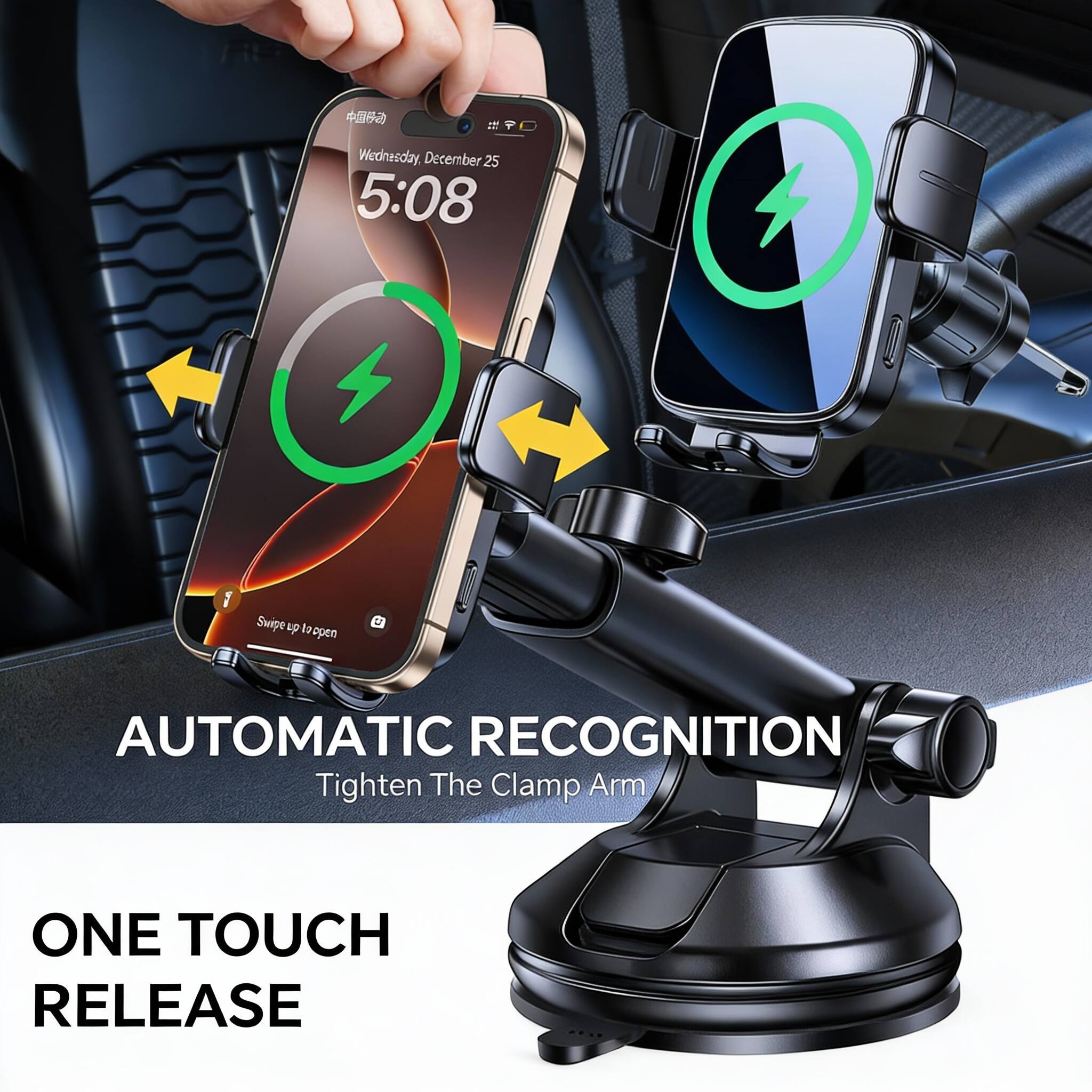 Wednesday, December 25  
5:08  

Swipe up to open  

AUTOMATIC RECOGNITION  
Tighten The Clamp Arm  

ONE TOUCH RELEASE