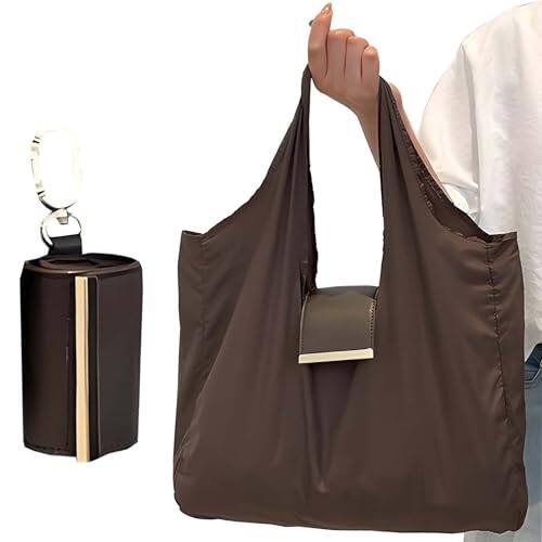 Front. DORLUKFU - Keychain Tote Bag | Reusable Grocery Bags for Shopping | Foldable & Expandable | Handbag with Key Ring for Travel Daily - Brown.