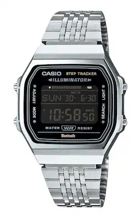 CASIO STEP TRACKER ILLUMINATOR 0 100 MUTE ADJUST SUN 30- 6-30 LIGHT P 1 SEARCH MODE 10:58 50 WATER WR RESIST Bluetooth