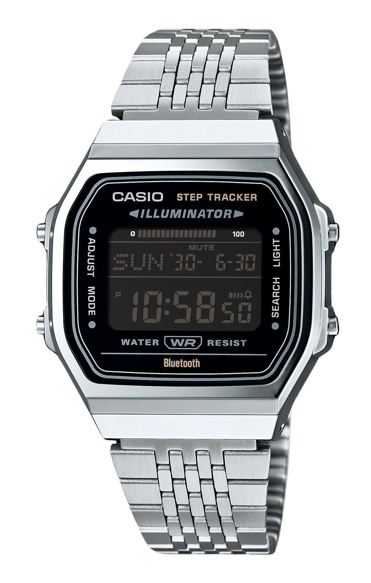 CASIO STEP TRACKER ILLUMINATOR 0 100 MUTE ADJUST SUN 30- 6-30 LIGHT P 1 SEARCH MODE 10:58 50 WATER WR RESIST Bluetooth