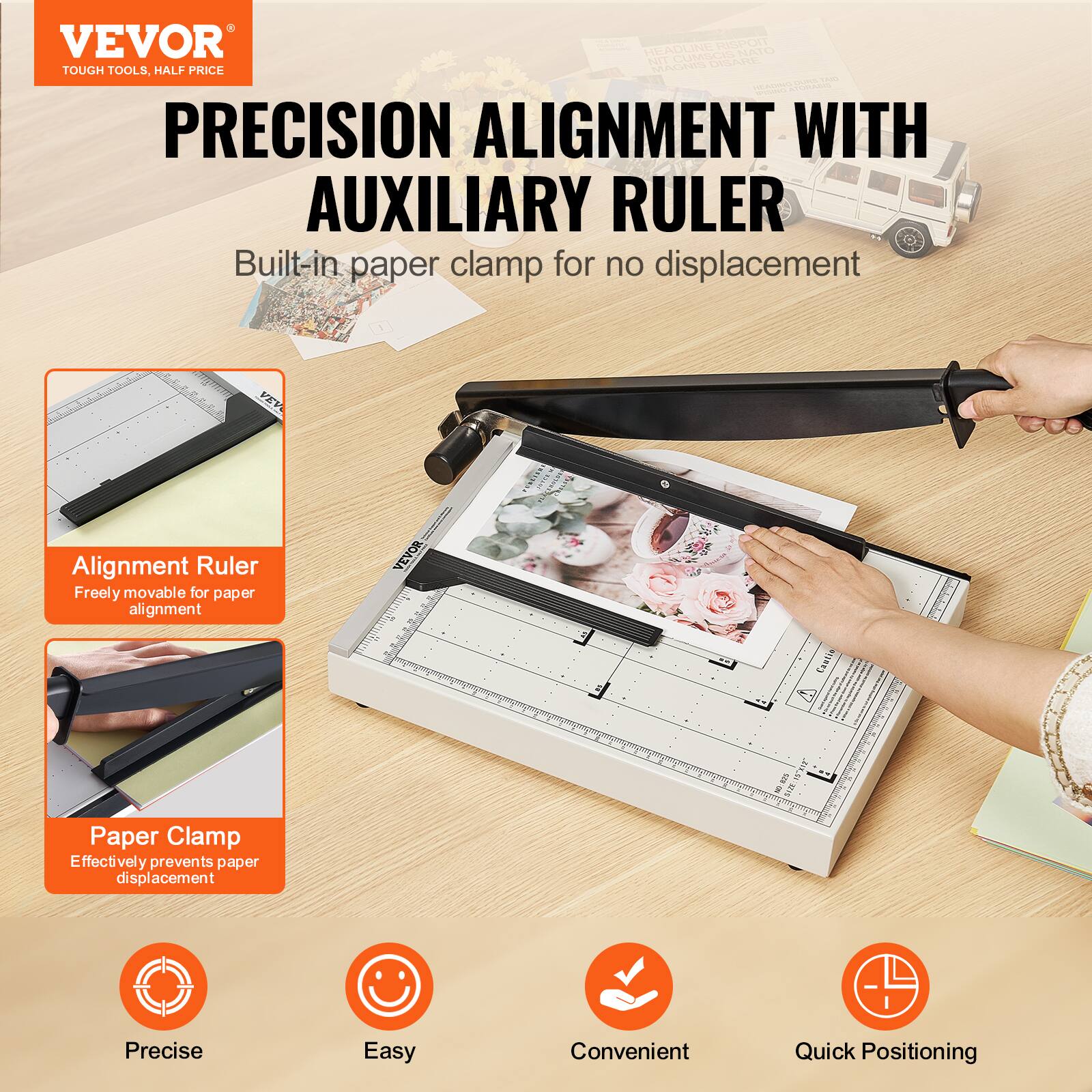 VEVOR  
TOUGH TOOLS, HALF PRICE  

PRECISION ALIGNMENT WITH AUXILIARY RULER  
Built-in paper clamp for no displacement  

Alignment Ruler  
Freely movable for paper alignment  

Paper Clamp  
Effectively prevents paper displacement  

Precise  
Easy  
Convenient  
Quick Positioning