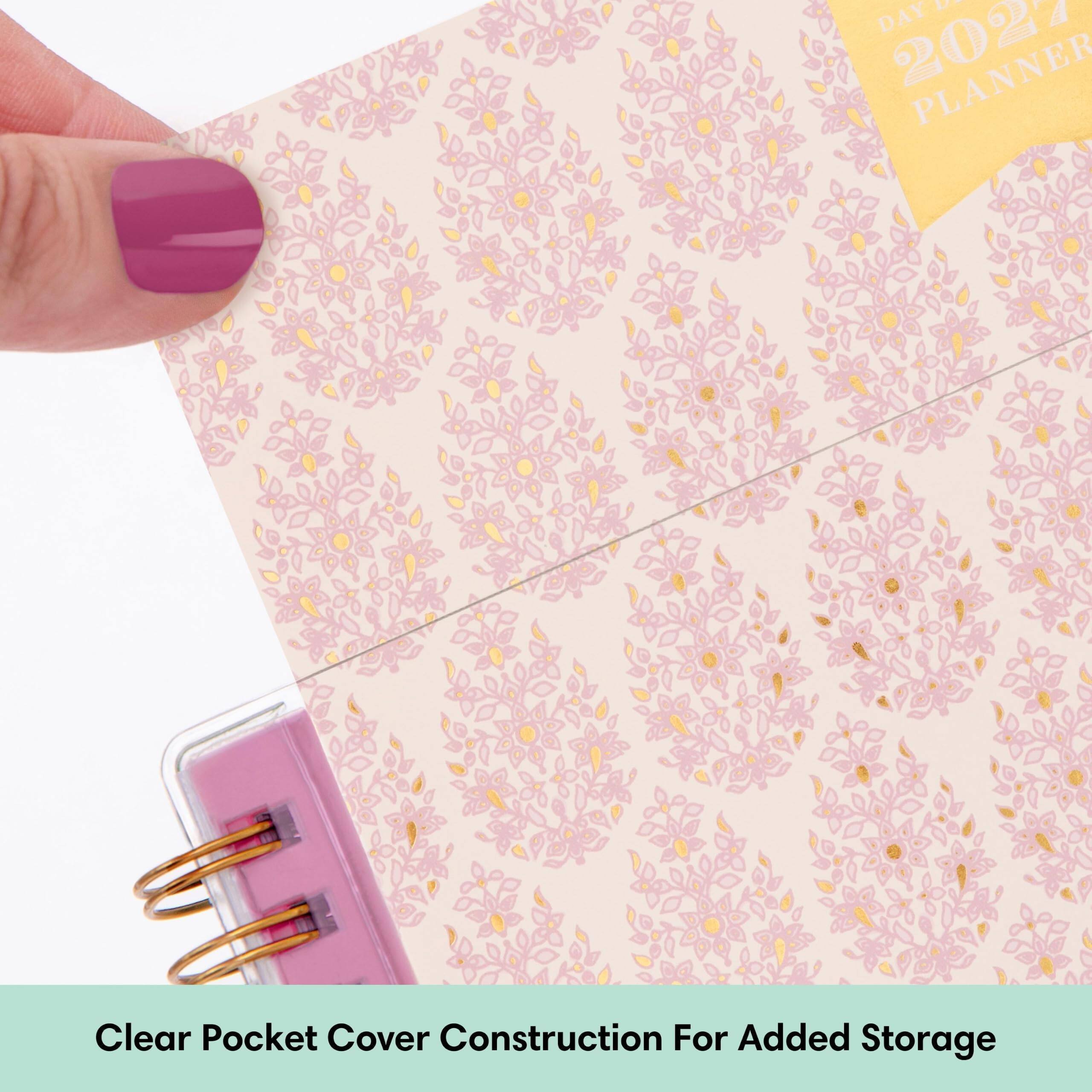 DAY 2027  
2027 PLANNER  

Clear Pocket Cover Construction For Added Storage