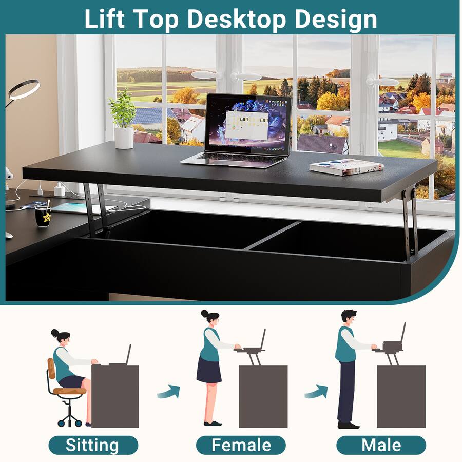 Desktop Lift Aheaplus 56'' Lift Top Computer Desk with Drawers and Power Outlets ...