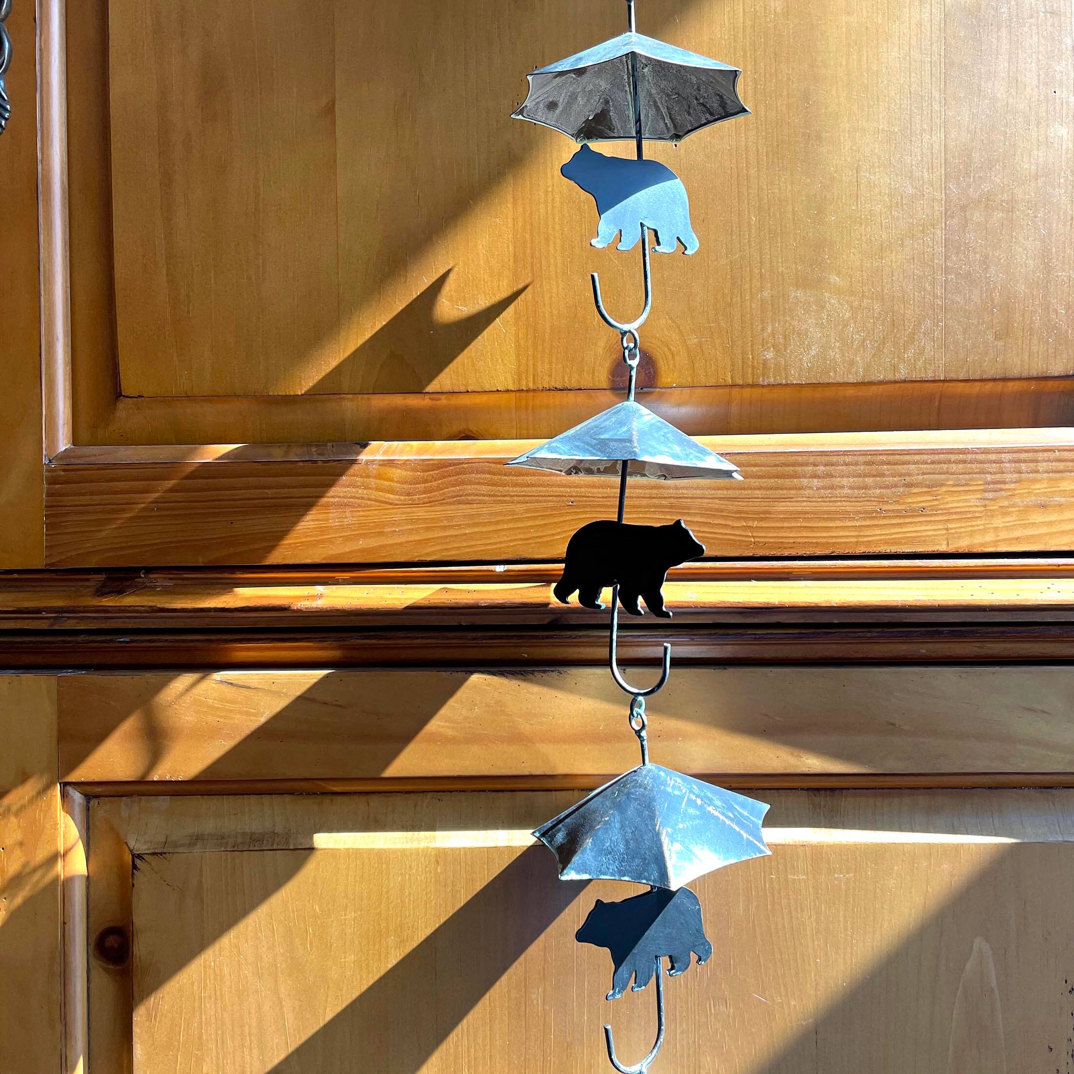 Alt View 4. Things2Die4 - Rustic Black Bear & Umbrella Rain Chain - 75" Long Distressed Verdigris Finish - Black.