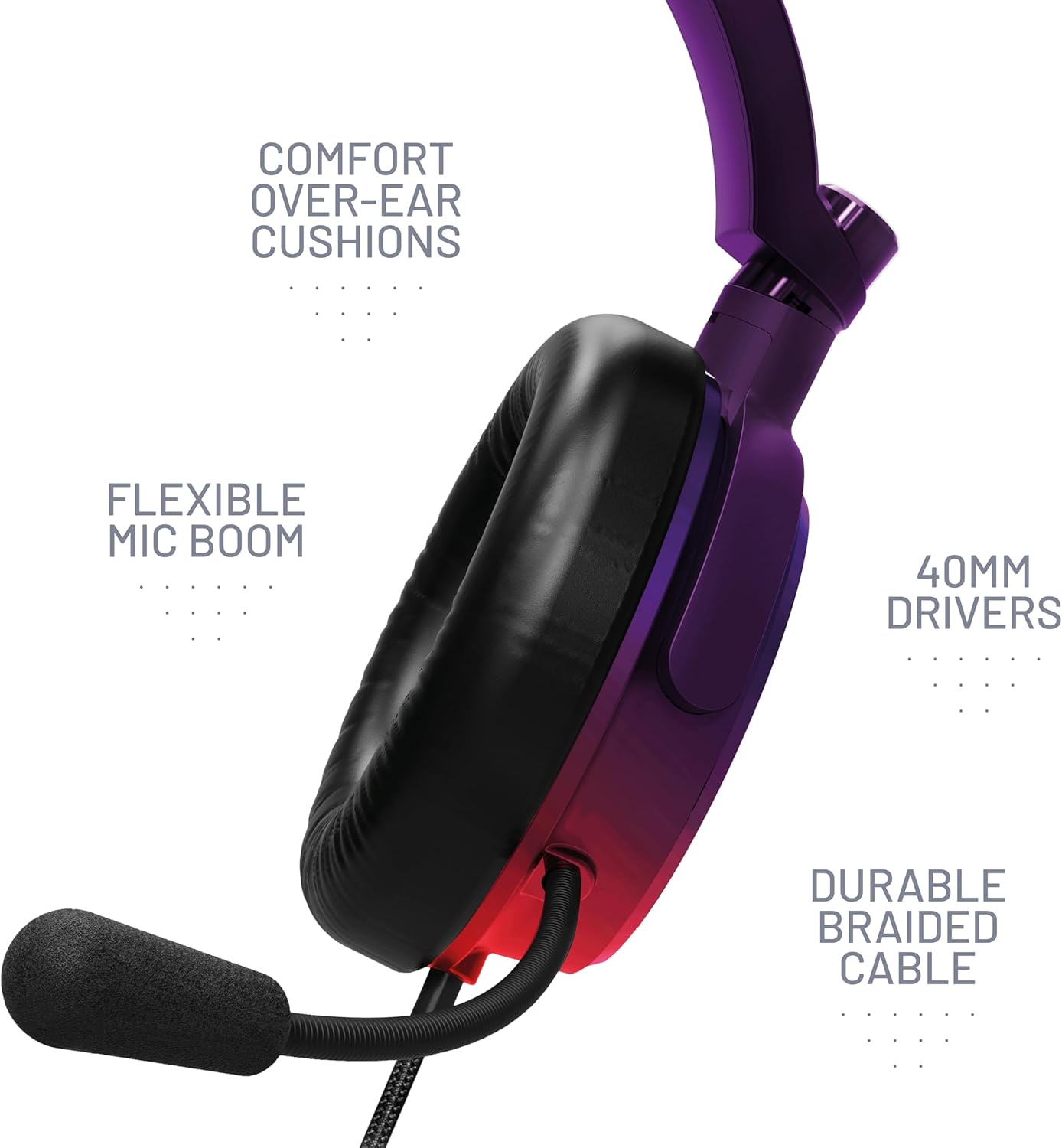 - COMFORT OVER-EAR CUSHIONS
- FLEXIBLE MIC BOOM
- 40MM DRIVERS
- DURABLE BRAIDED CABLE