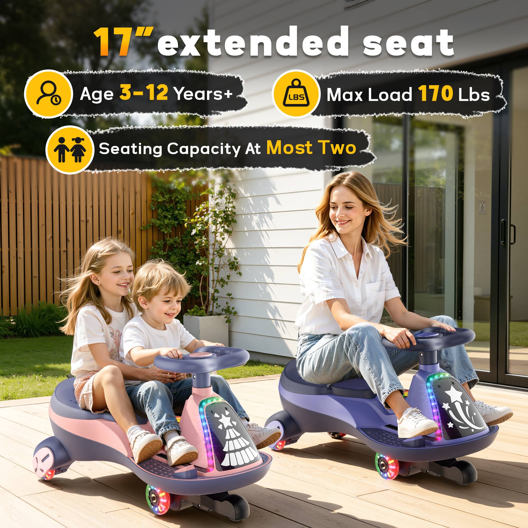 17" extended seat

Age 3-12 Years+

Max Load 170 Lbs

Seating Capacity At Most Two