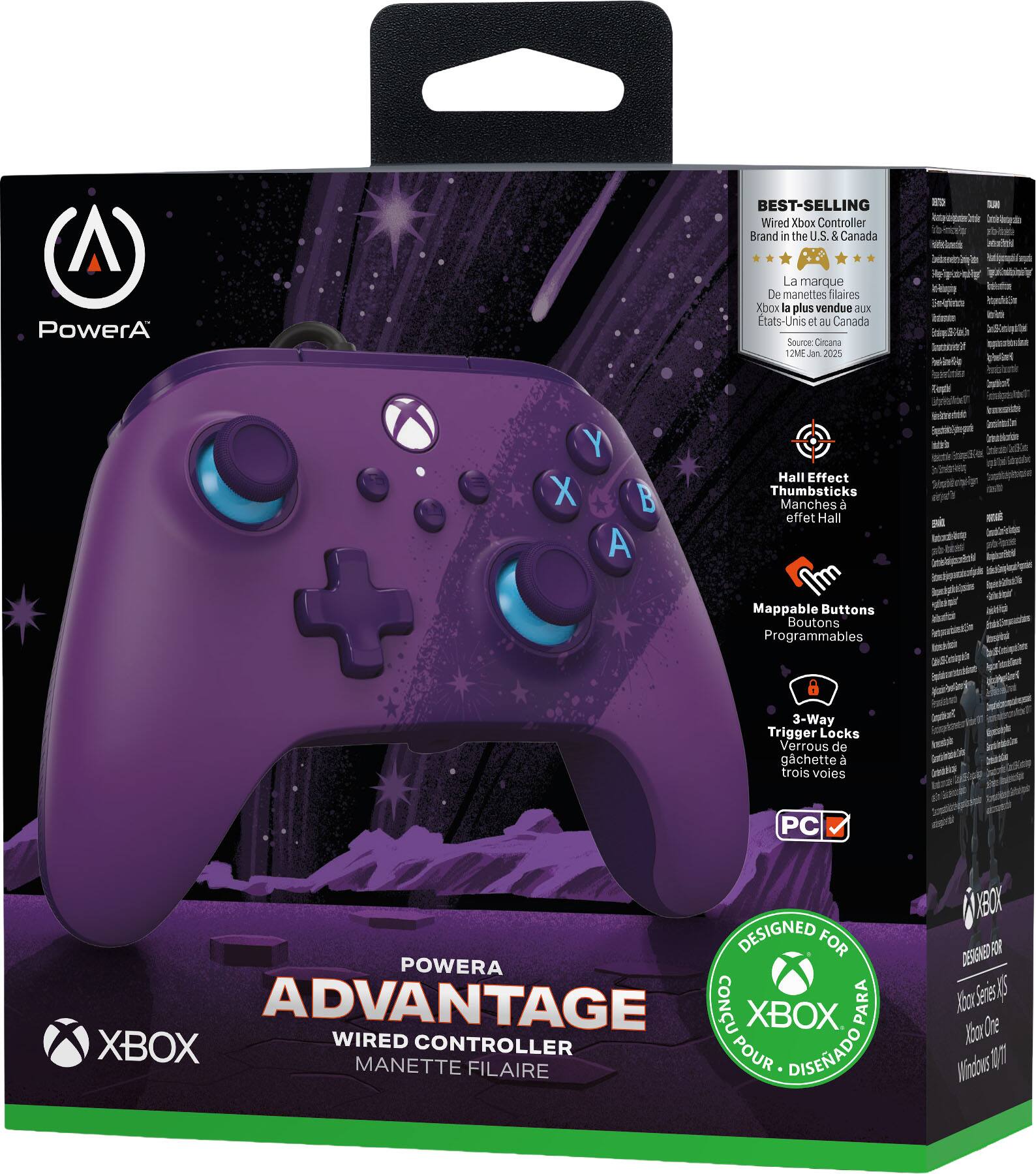 PowerA  
ADVANTAGE  
Wired Xbox Controller  
MANETTE FILAIRE POUR XBOX  

BEST-SELLING  
Wired Xbox Controller Brand in the U.S. & Canada  
La marque de manettes Xbox la plus vendue aux États-Unis et au Canada  
Source: Circana 12ME Jan 2020  

Hall Effect Thumbsticks  
Manches à effet Hall  

Mappable Buttons  
Boutons Programmables  

3-Way Trigger Locks  
Verrous de gâchette à trois voies  

PC  

DESIGNED FOR XBOX  
CONÇU POUR XBOX  

Xbox Series X/S  
Xbox One  
Windows 10/11