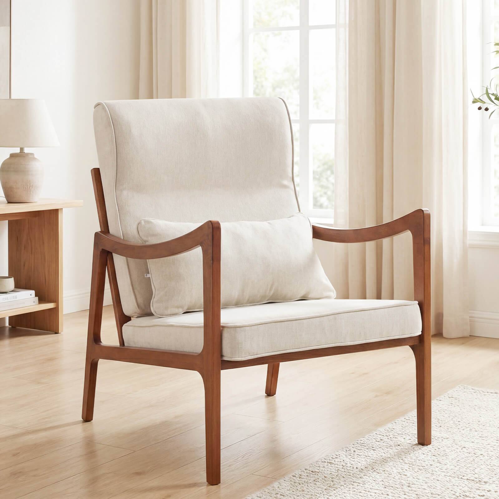 Alt View 1. Costway - Costway 2 PCS Linen Fabric Upholstered Armchair with Lumbar Pillow, Removable Back - Beige.