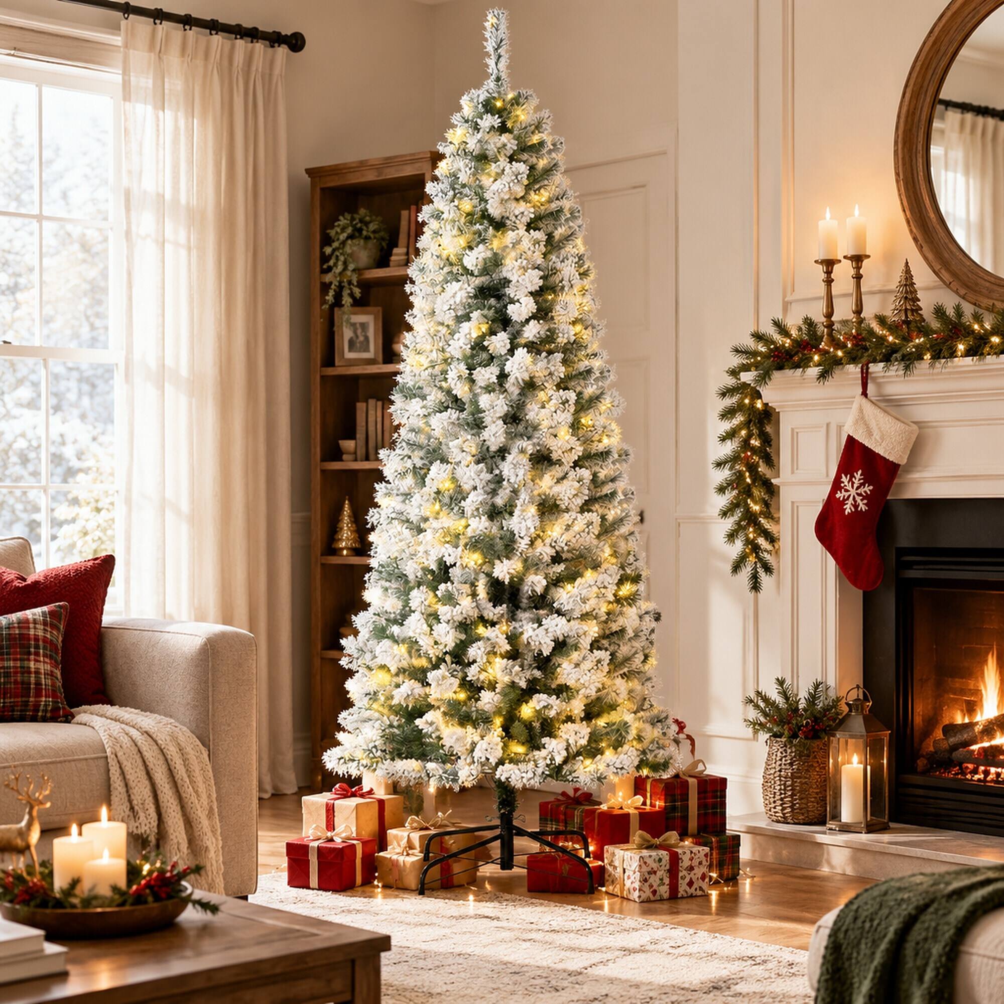 Angle. RYHNUYNE - Artificial Fir Christmas Tree With Pre-Strung LED Lights, Realistic Hinged Branches Easy Assembly Holiday Decor - Green,White.