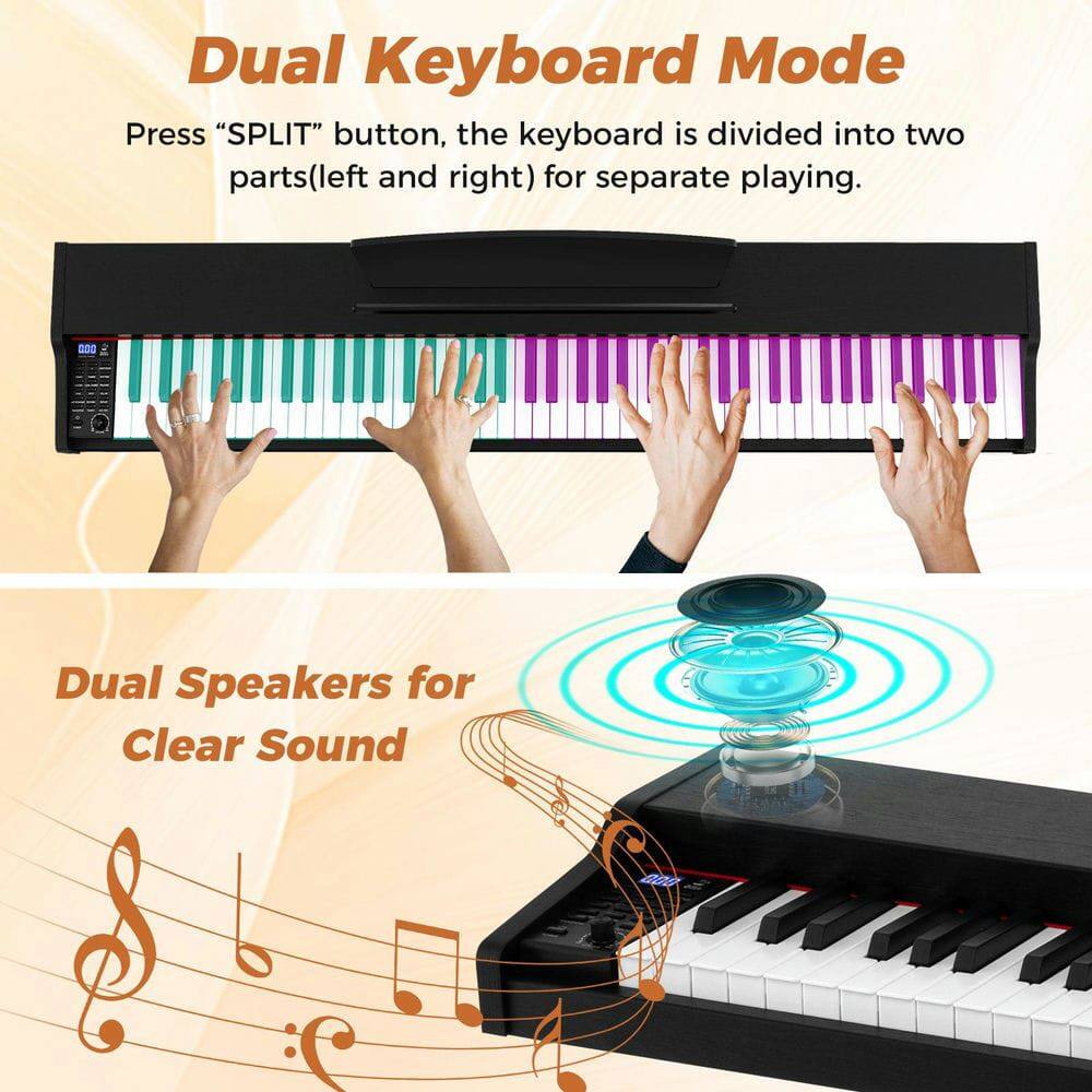 Dual Keyboard Mode  
Press "SPLIT" button, the keyboard is divided into two parts(left and right) for separate playing.  

Dual Speakers for Clear Sound