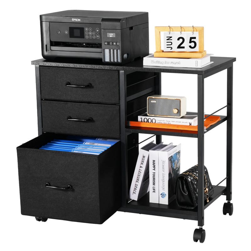 HTUTWOO - 29.53"L Metal File Cabinet - 3 Drawers With 2 Shelves, Particle Board Construction, 4 Swivel Casters With 2 Locking - Black