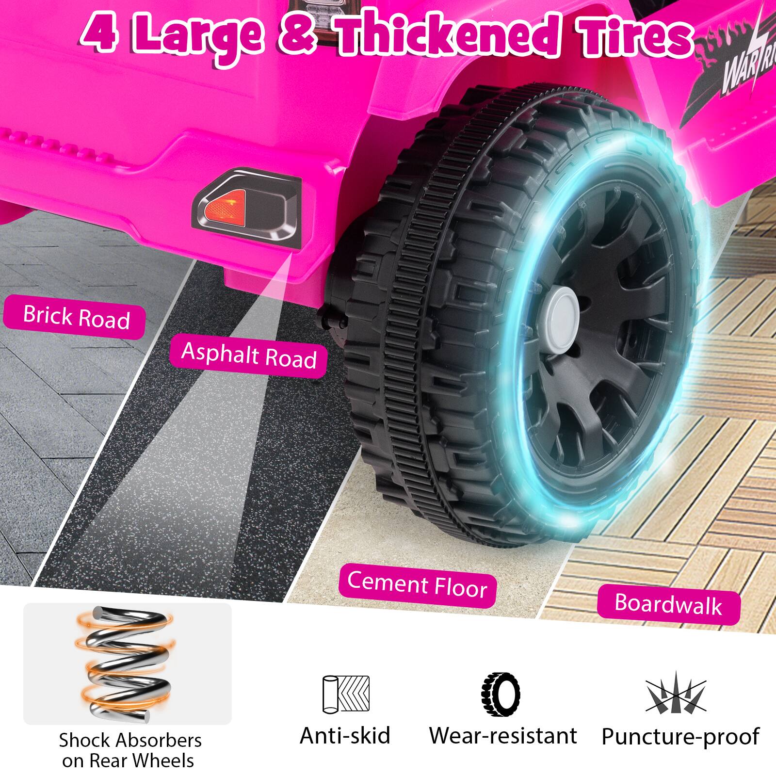 4 Large & Thickened Tires

- Brick Road
- Asphalt Road
- Cement Floor
- Boardwalk

Features:
- Shock Absorbers on Rear Wheels
- Anti-skid
- Wear-resistant
- Puncture-proof