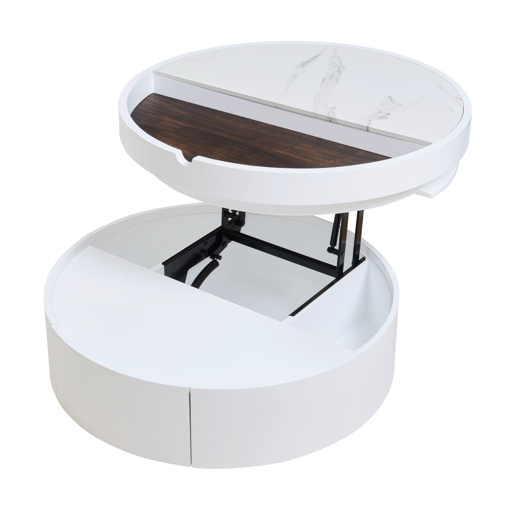 Alt View 8. GOODSILO - Round Lift-Top Coffee Table with Drawer and Dual-Tone Marble Wood Grain Design - White+Walnut.