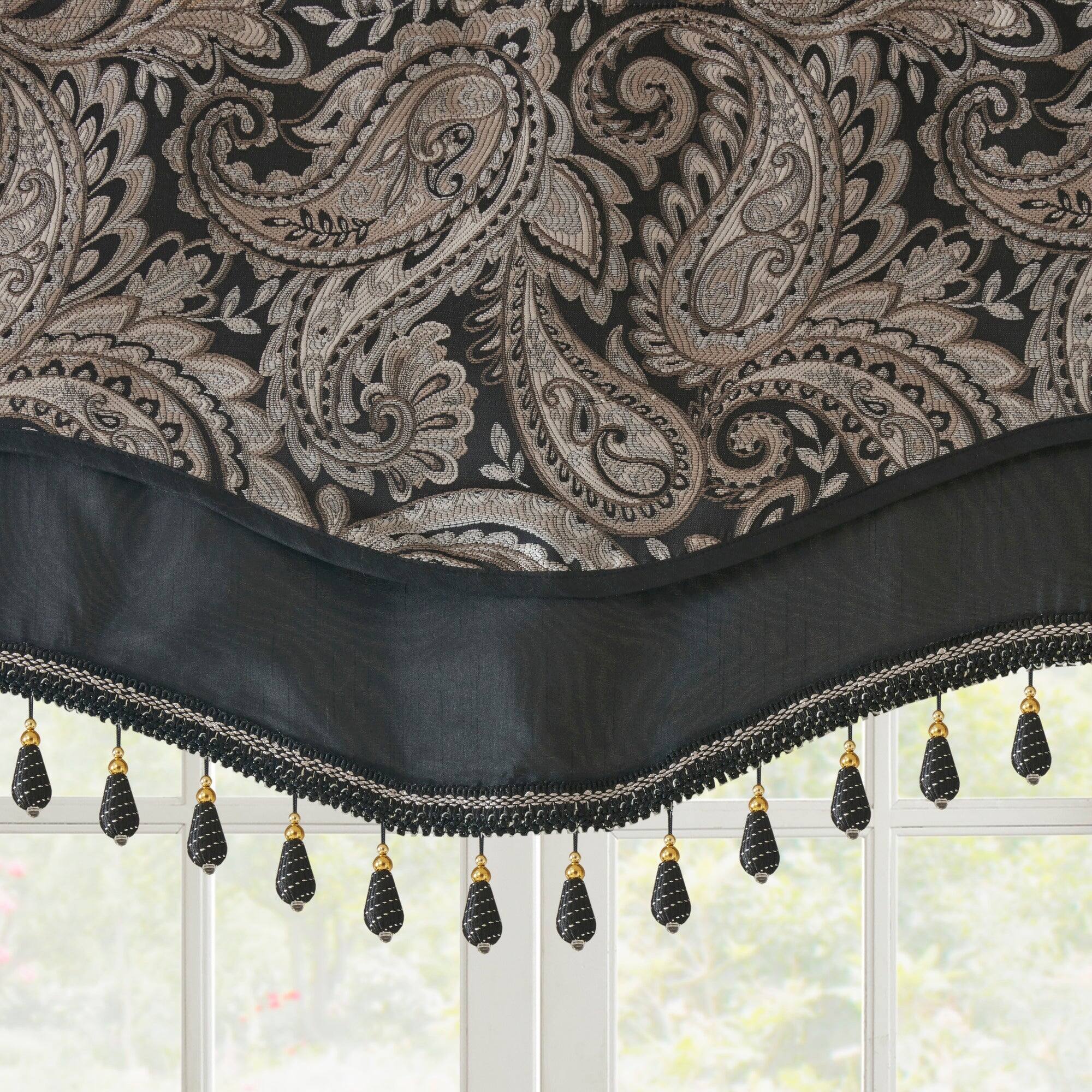 Back. BreeBe - Jacquard Window Rod Pocket Valance With Beads Black 50x18' - Black.