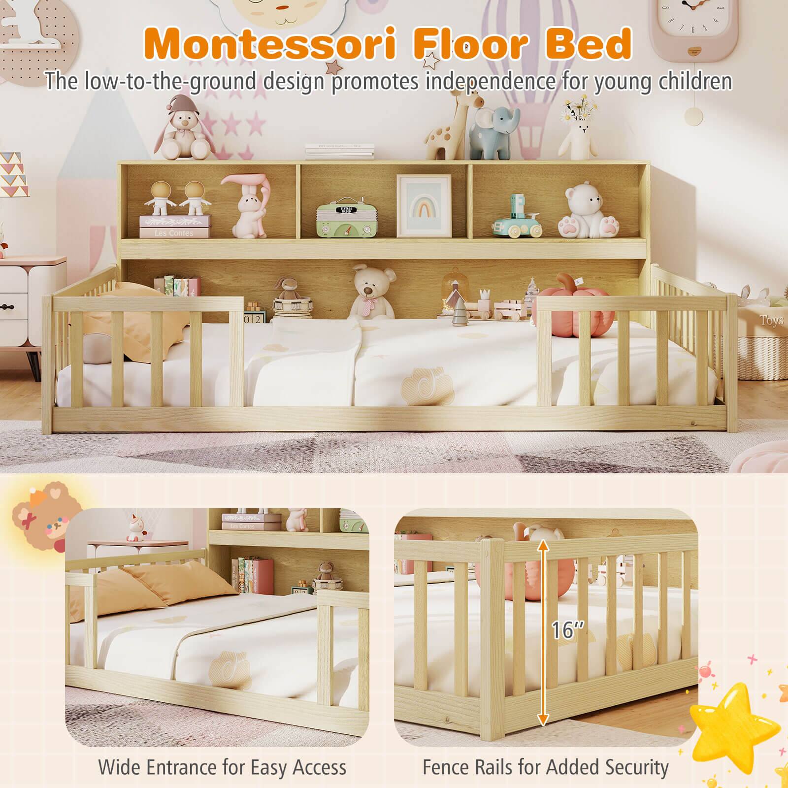 Alt View 8. Costway - Costway Full Size Montessori Floor Bed with Bookcase Storage Shelves & Safety Fence Rails - Natural.