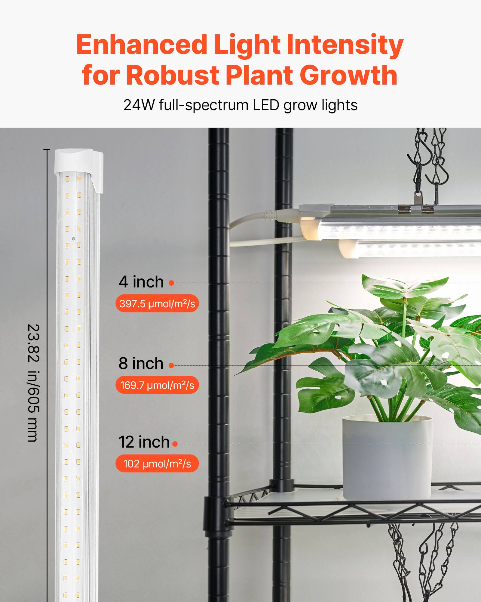 Enhanced Light Intensity for Robust Plant Growth  
24W full-spectrum LED grow lights  

23.82 in/605 mm  

4 inch - 397.5 μmol/m²/s  
8 inch - 169.7 μmol/m²/s  
12 inch - 102 μmol/m²/s