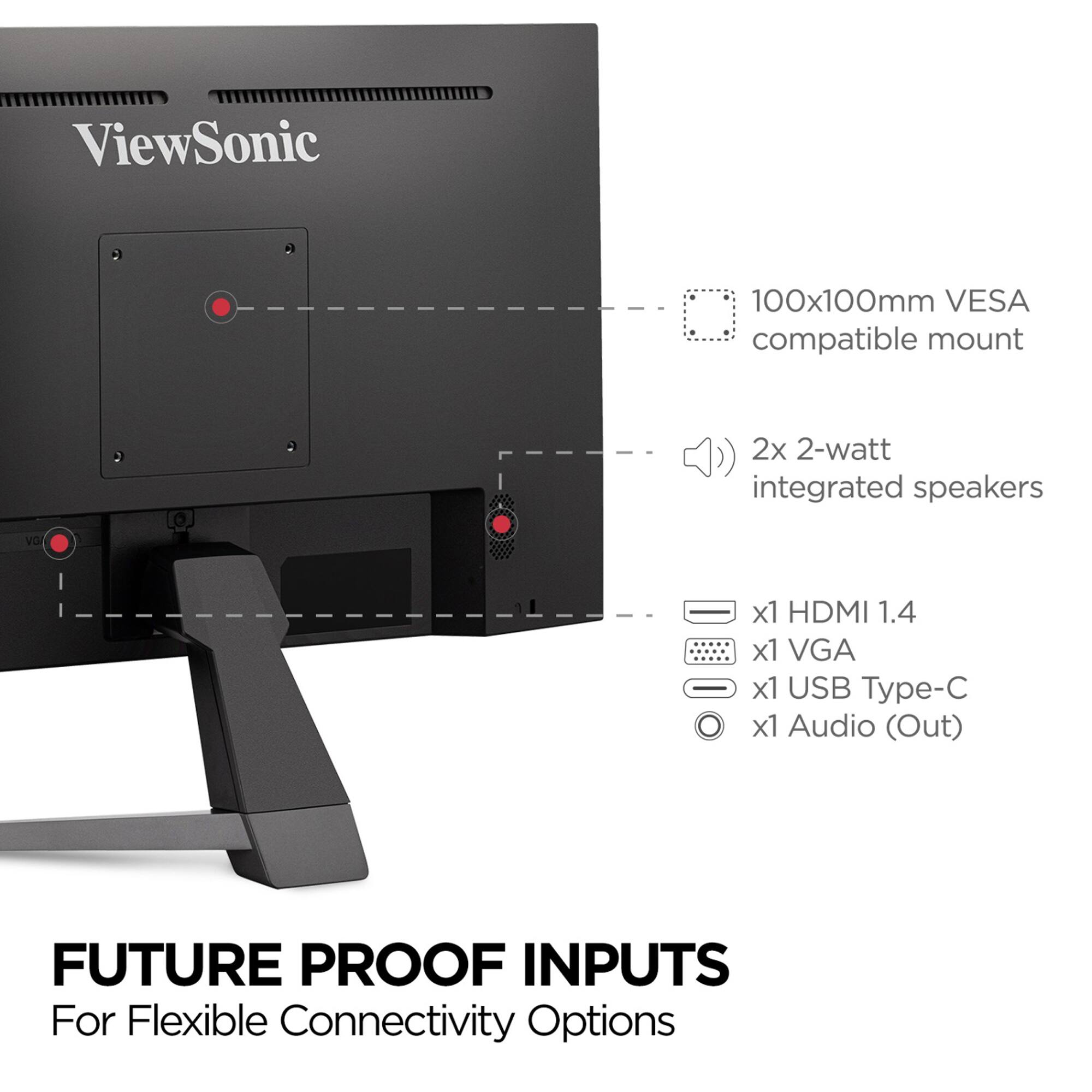 ViewSonic 100x100mm VESA compatible mount 2x 2-watt integrated speakers vo - x1 HDMI 1.4 x1 VGA x1 USB Type-C x1 Audio (Out) FUTURE PROOF INPUTS For Flexible Connectivity Options