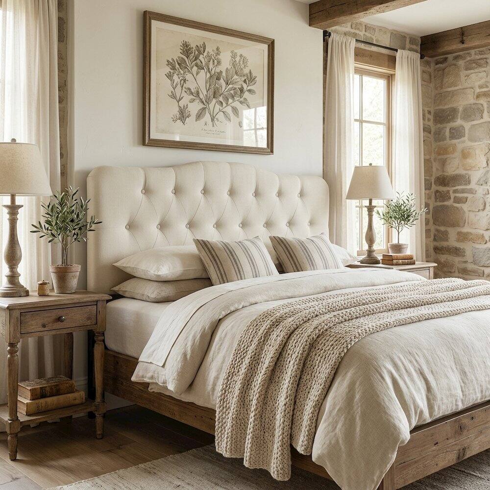 Angle. FurniFact - Upholstered Queen Fabric Headboard with Padded Design and Sturdy Construction - Beige.