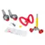 The image features a pair of red wheels and a yellow handle, along with a white paper and a pair of scissors. The wheels are likely meant for a project or a craft, and the paper and scissors are used for cutting and measuring purposes. The overall scene suggests a creative or DIY project in progress.