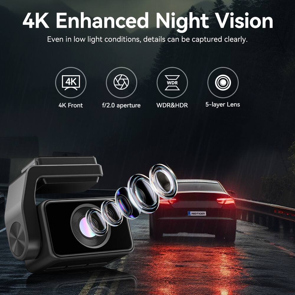 4K Enhanced Night Vision

Even in low light conditions, details can be captured clearly.

- 4K Front
- f/2.0 aperture
- WDR&HDR
- 5-layer Lens

REDTIGER