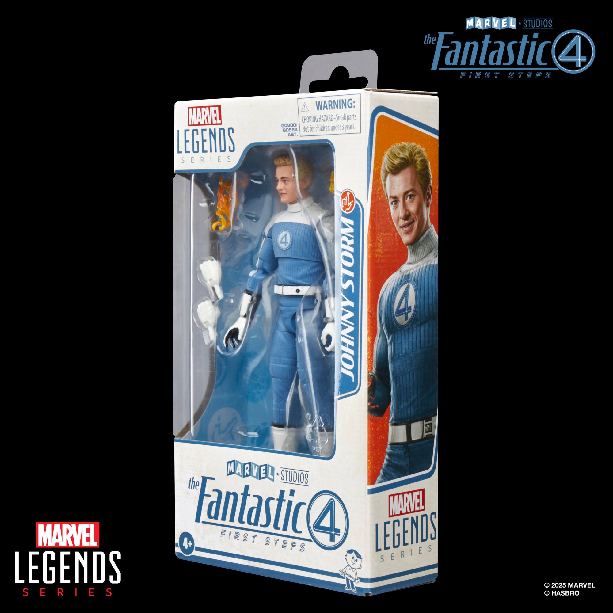 The image features a box of the Marvel Legends Series, specifically the Fantastic Four First Steps. The box contains a toy of the character Johnny Storm, also known as the Human Torch. The box warns that small parts may pose a choking hazard, and it is intended for ages 4 and up. The toy is part of the Marvel Legends series, which is a collection of action figures based on popular Marvel characters.