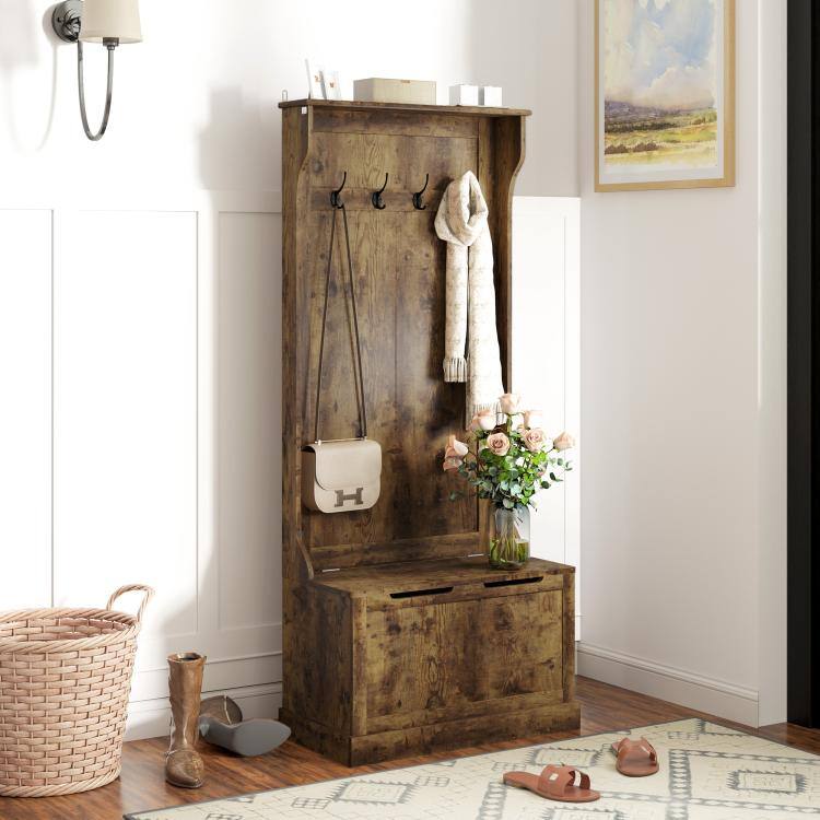 Alt View 1. PULUZ - Hall Tree with Coat Rack, Storage, and Sitting Bench - Rustic Brown.