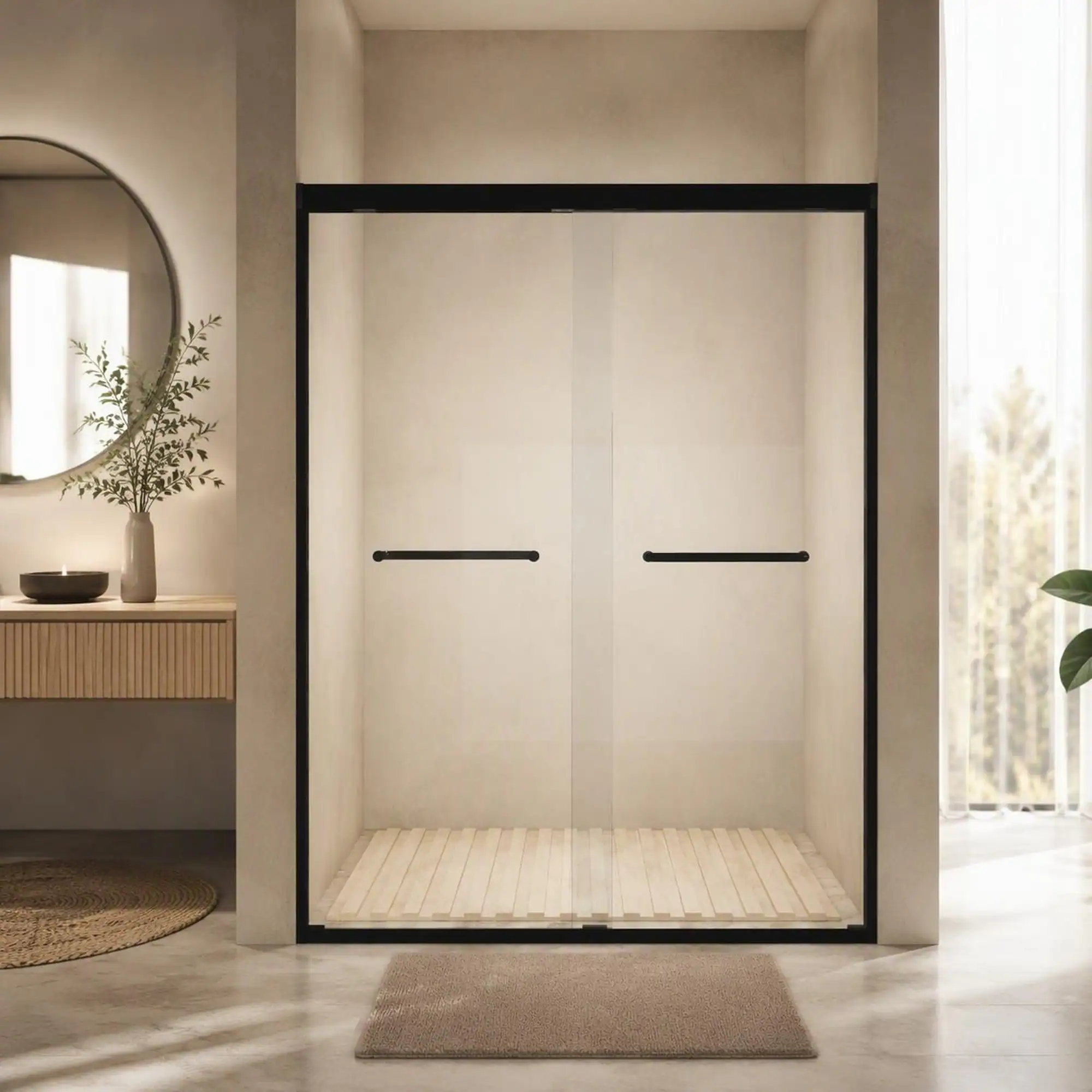 Front. RYHNUYNE - 44-48 In W X 72 In H Aluminum Frame Double Sliding Shower Door, 1/4 In Clear Tempered Glass Matte Black Finish - Matt Black.