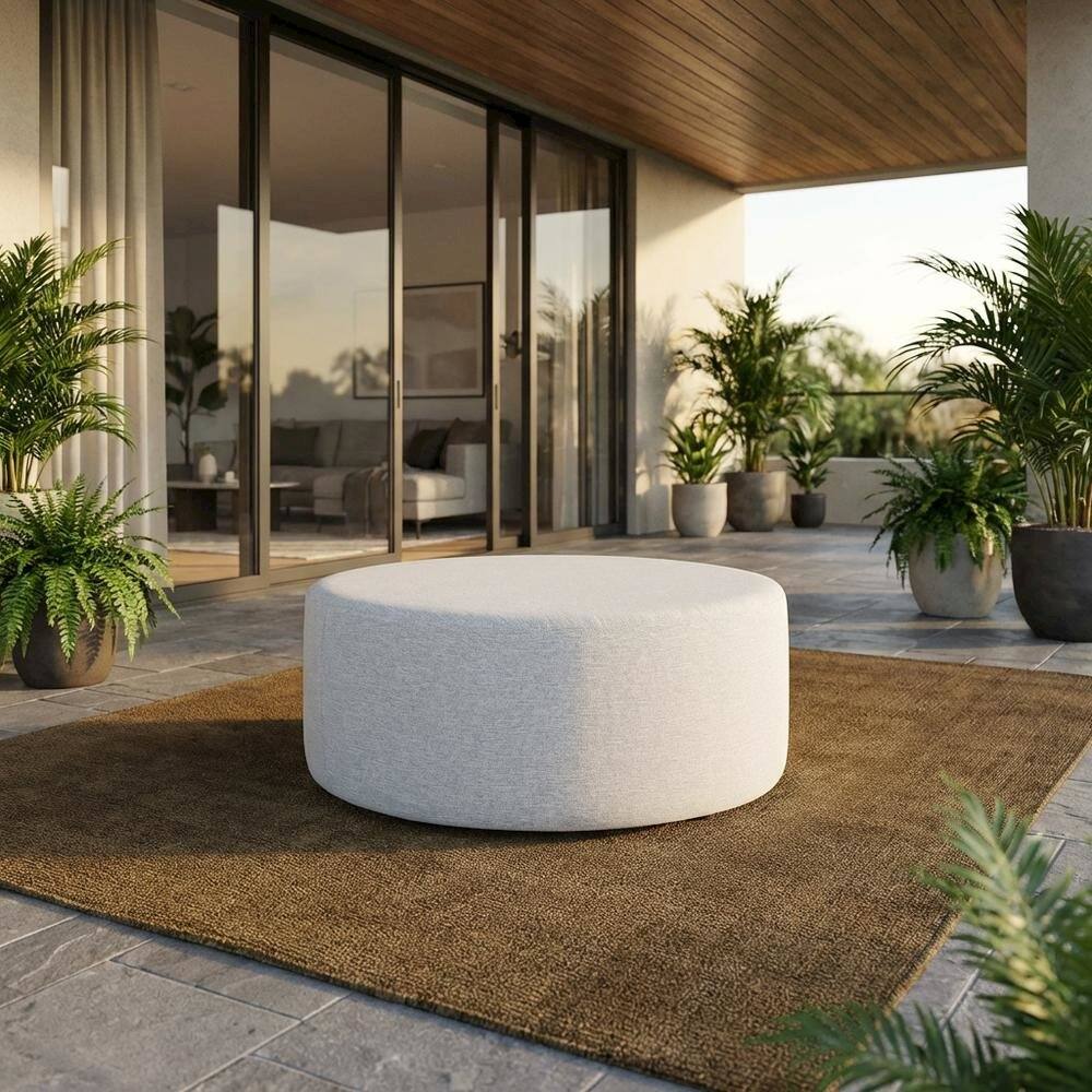 Angle. Outdoor Escape - Woven Heathered Fabric Outdoor Ottoman In Neutral Tone For Patio Comfort - Gray.