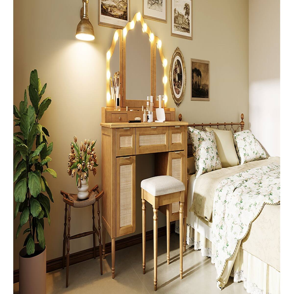 Alt View 9. Loheer - Loheer Makeup Vanity Desk with Mirror and Stool, Natural Finish, Hollywood Lighting and Storage - Natural.